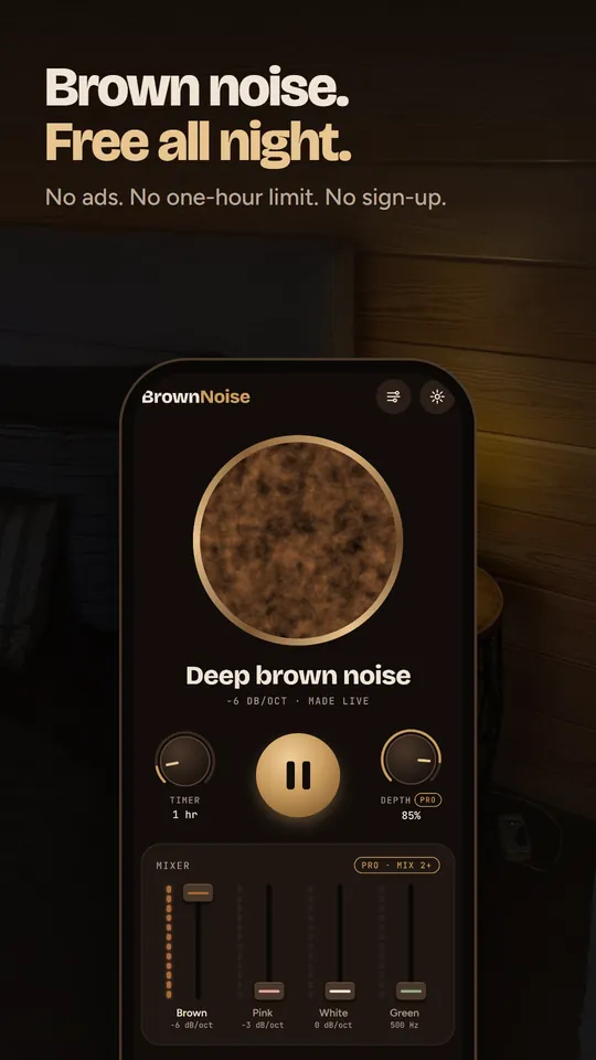 The Brown Noise app playing brown noise, with the words: No ads. No loops. Free every night.